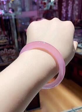 极速玉髓粉玛瑙女条手镯美人镯圆天然粉色玉镯冰种款叮当镯子细桃