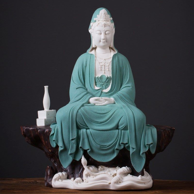 墨修缘中式禅意坐岩观音菩萨客厅陶瓷摆件德化白瓷雕塑人物工艺品