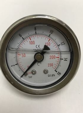 充油型耐震压力表 压力16bar 230psi 英文 直径40mm 轴向 牙ZG1/8