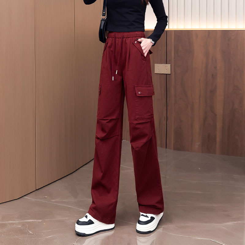 今年流行安可拉红工装裤女2025春秋新款松紧高腰抽绳多口袋阔腿裤