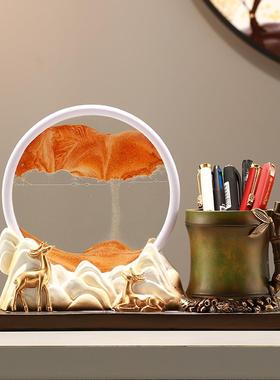 流沙画沙漏笔筒学生办公室书房文具收纳现代时尚摆件送礼装饰品