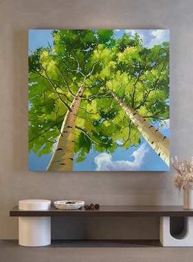 空间纵深白桦树绿色植物正方形装饰画客厅走廊入户玄关过道正对门