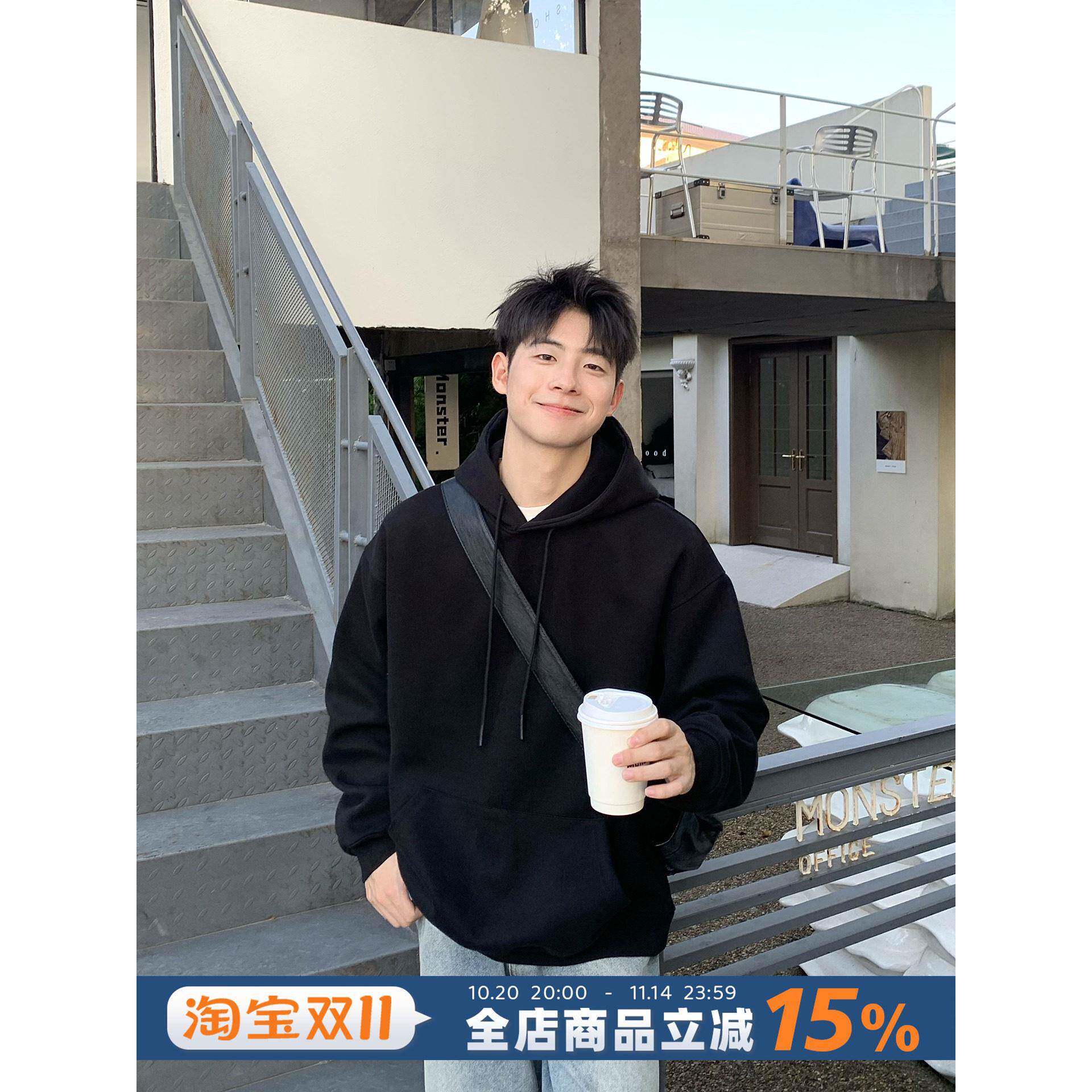 460g重磅黑色加绒连帽卫衣男款秋冬季2025新款宽松加厚上衣外套