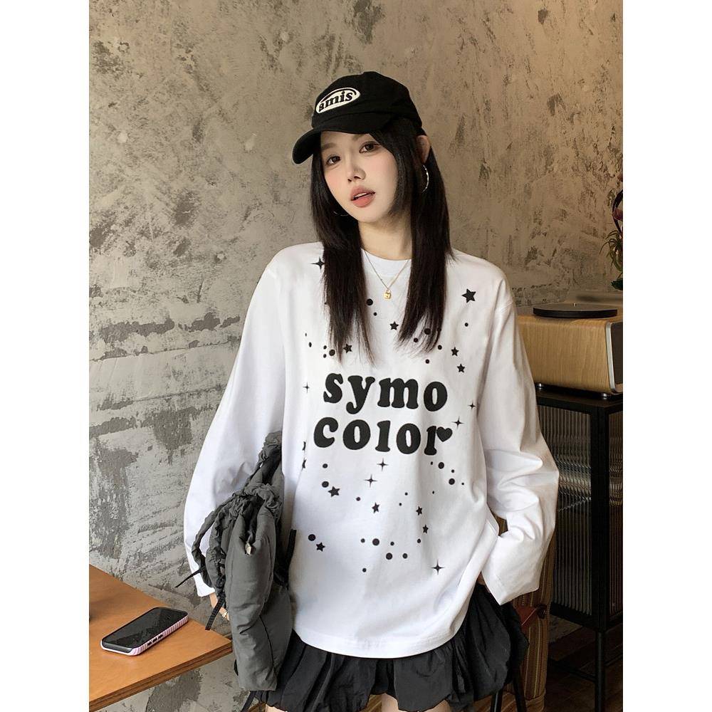 SYMOCOLOR 2025星星字母印花圆领长袖T恤女慵懒宽松百搭休闲上衣