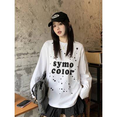 SYMOCOLOR 2025星星字母印花圆领长袖T恤女慵懒宽松百搭休闲上衣