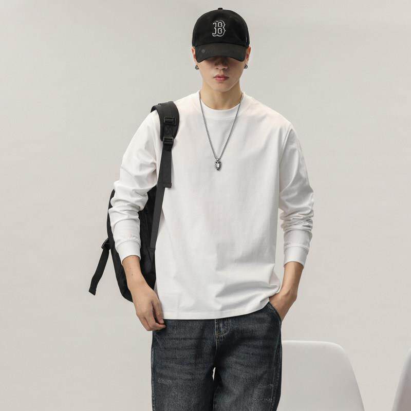 纯棉色长袖恤男春季基底础款纯色内搭tT恤QT8020宽松卫衣男士白打