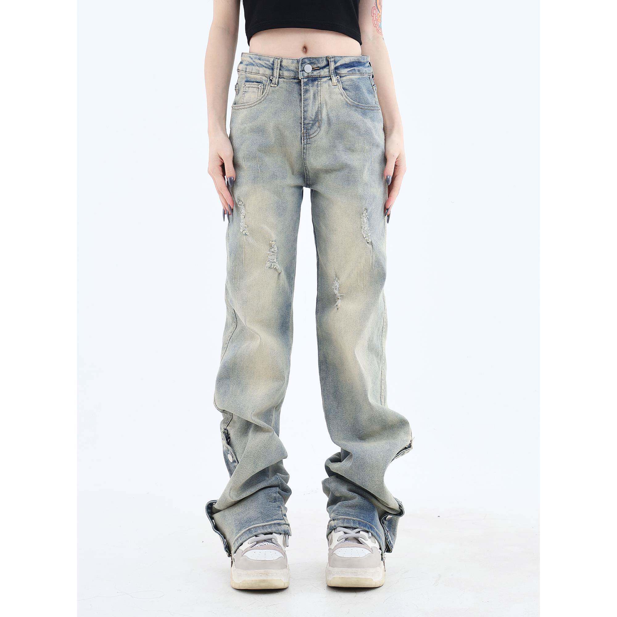 JUMPNEXT国潮牌黄泥染牛仔裤侧边拉链排扣水洗vibe美式高街小脚裤