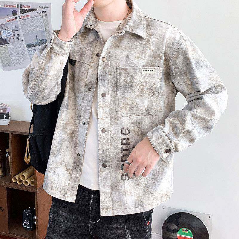痞款牛仔外套男秋宽松帅翻10347253领夹克男春装青少年休闲秋装褂