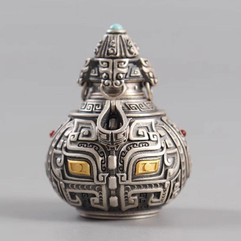 饕餮纹葫芦吊坠藏银国潮新中式复古精工雕刻车载钥匙扣包包小挂件