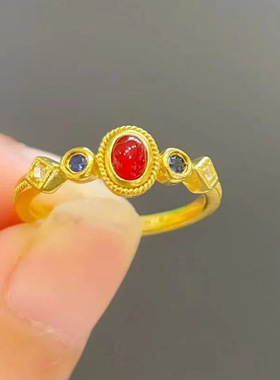 小宫雀戒指女开口精工镶嵌红玉髓个性气质复古中式小红书同款指环