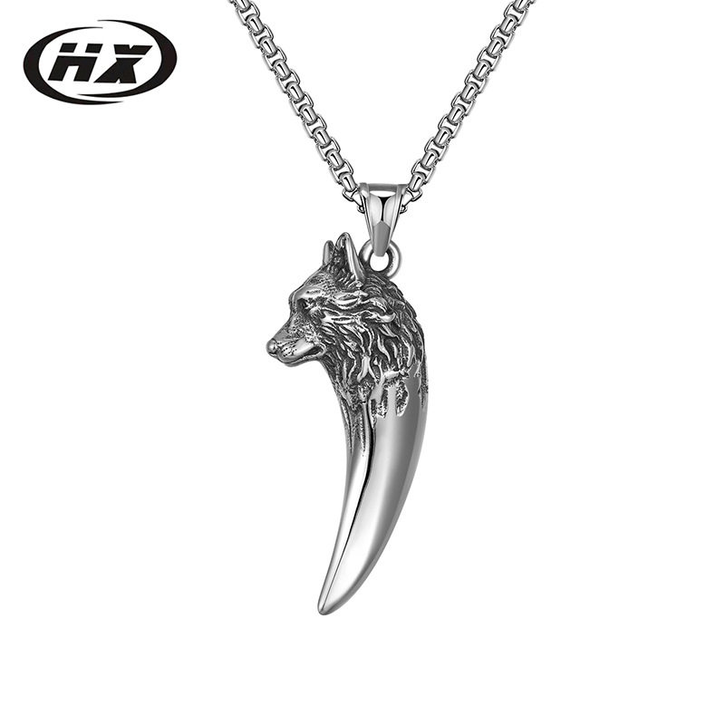欧美嘻哈复古狼头钛钢项链批发 不锈钢项链 男 狼牙吊坠配毛衣链