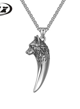 欧美嘻哈复古狼头钛钢项链批发 不锈钢项链 男 狼牙吊坠配毛衣链