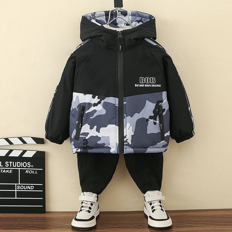 儿童装男童加绒外套秋冬装202新款男宝宝加厚棉服冬季迷彩派克服
