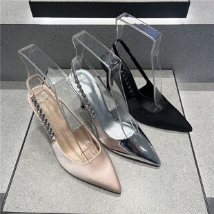 速发CHEL后S&KTH2024跟新款 6028077尖头T空凉鞋 细跟链条高春鞋 鞋