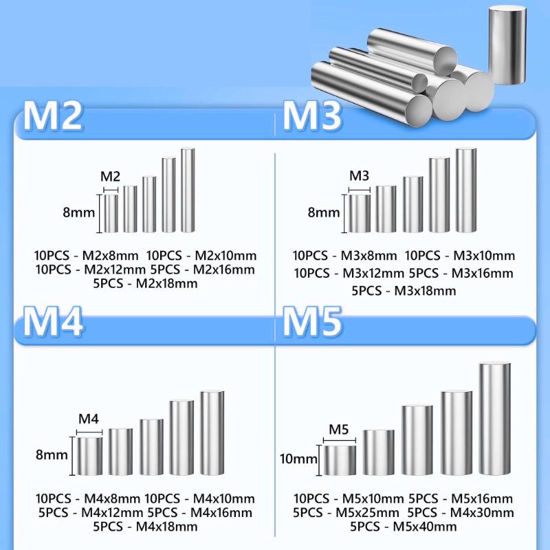 304不锈钢实心圆柱销145pcs组合套装M2M3M4M5盒装