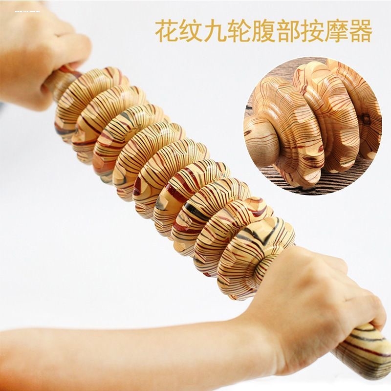 木质手持式按摩器腹部瑜伽健身棒腰部滚压按摩捶肌肉放松健身锤