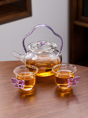 女式制茶茶具家用绿茶耐高温玻璃茶壶精美花茶壶茶具1壶2杯