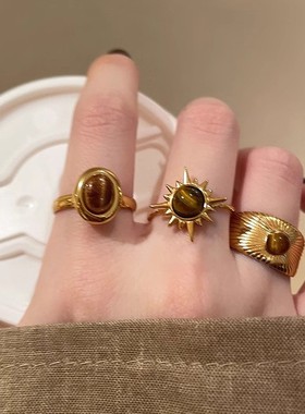 复古椭圆虎眼石戒指个性小众轻奢风食指戒时尚气质高级感开口指环