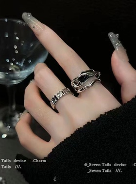 几何冷淡风ins黑水晶戒指小众设计时尚个性高级感开口戒网红女潮