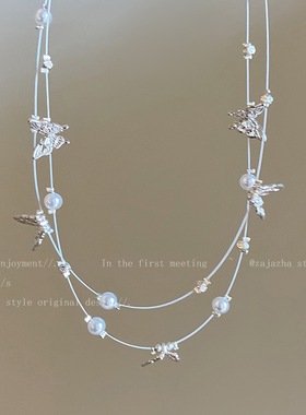 双层珍珠蝴蝶锁骨链女ins