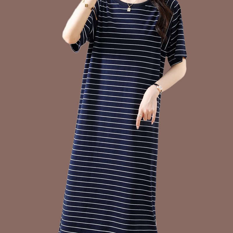 中年妈妈夏装条纹连衣裙长款过膝女宽松短袖针织t恤纯棉裙子薄款