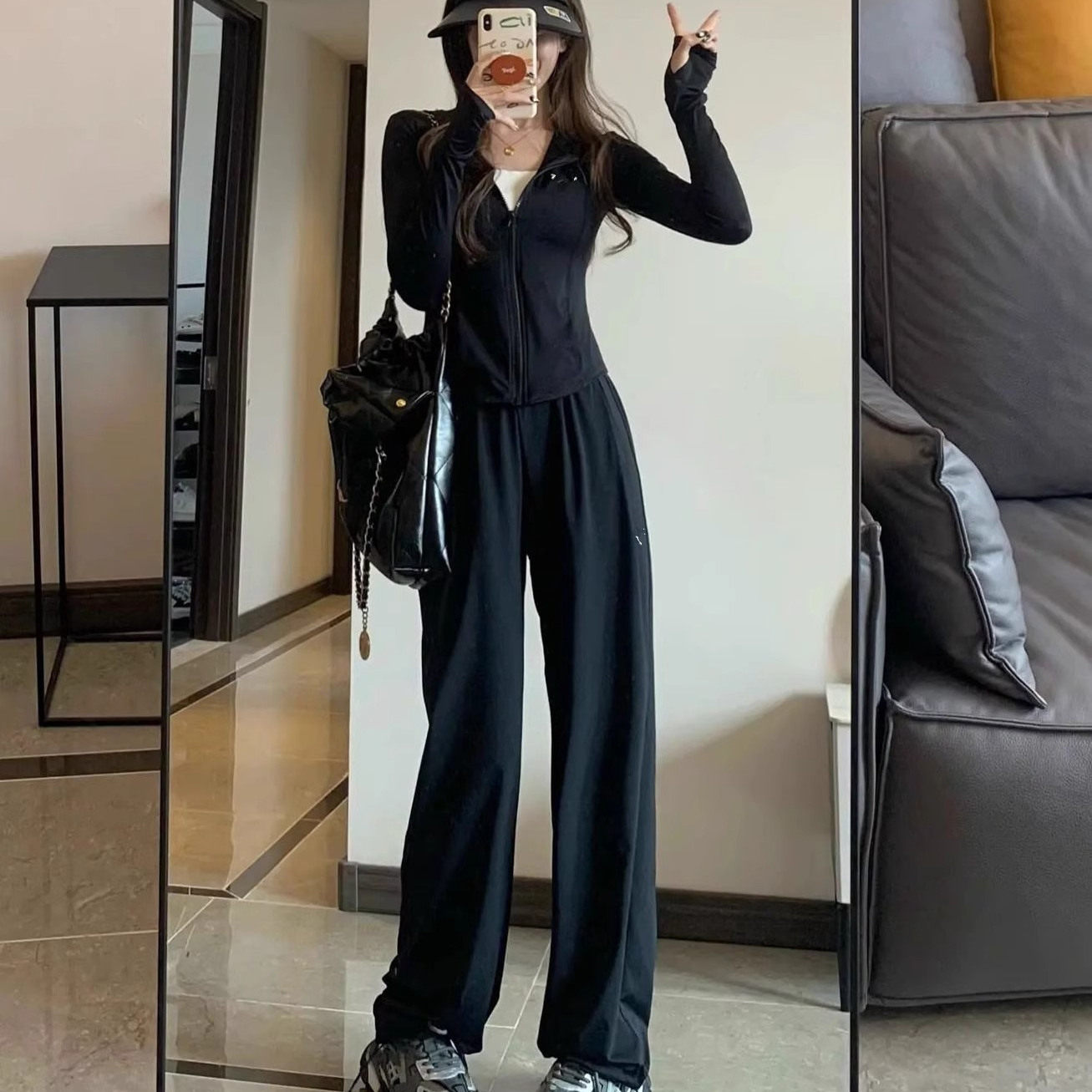 黑色冰丝防晒衣休闲运动服套装女夏季薄款收腰显瘦气质时尚两件套