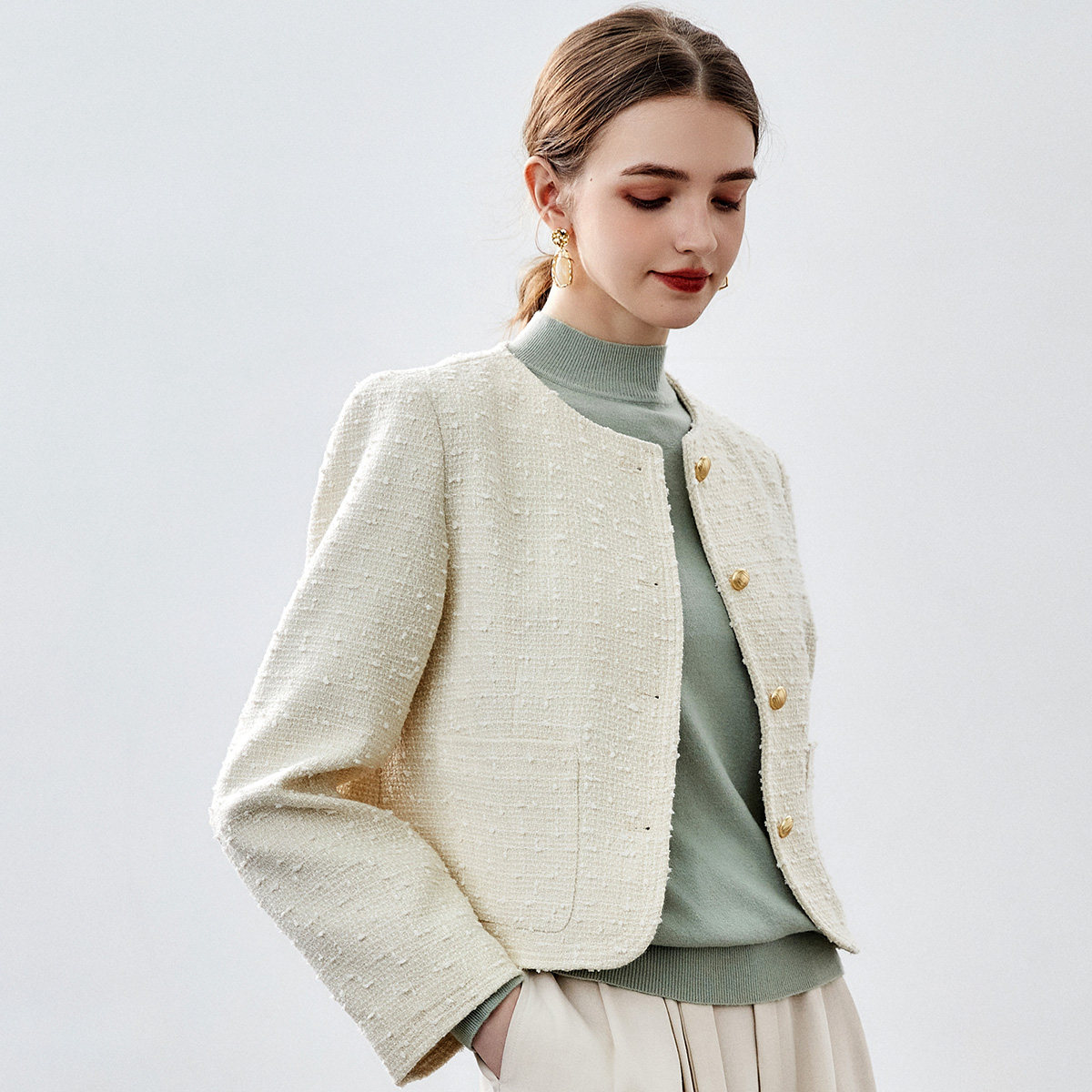 纳纹2025秋款纯色设计感圆领上衣小香风休闲单排扣外套女,女装/女士精品,短外套,淘宝优惠券,粉丝福利购,淘宝优惠卷