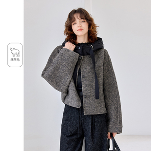 2025冬款假两件拼接毛呢羊毛外套慵懒风宽松百搭大衣女