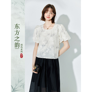 纳纹2025夏季新款印花方领优雅竹叶浮雕设计优雅泡泡袖雪纺衬衫女