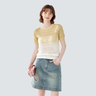 2025夏款圆领镂空渐变高级感短袖上衣气质休闲百搭T恤女