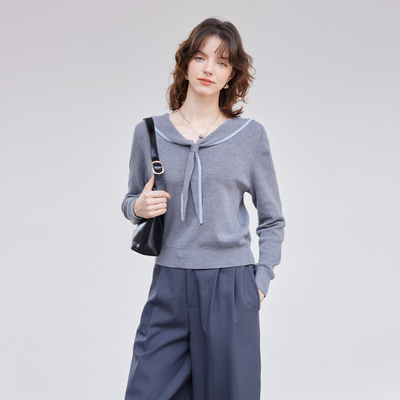 纳纹25秋季条纹飘带领学院风减龄针织上衣气质休闲百搭针织衫女