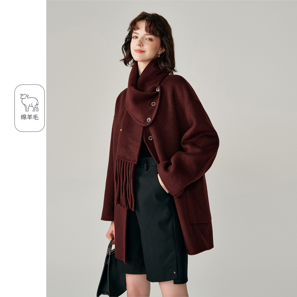 【可拆卸围巾领双面呢】25秋冬款保暖羊毛外套双面呢大衣女,女装/女士精品,毛呢外套,淘宝优惠券,粉丝福利购,淘宝优惠卷