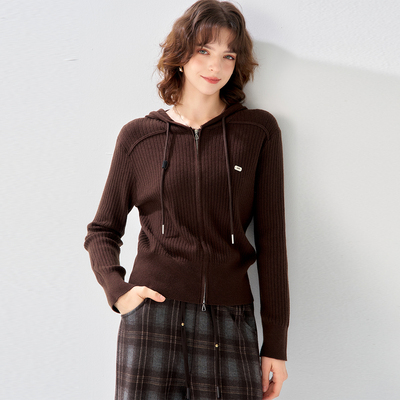 纳纹秋冬款连帽修身针织连帽开衫上衣气质休闲竖条纹针织衫女