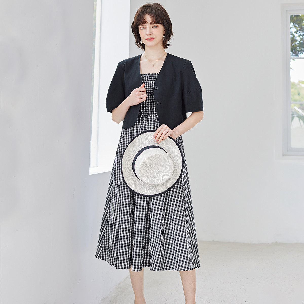 纳纹2025夏季新款套装连衣裙短领披肩外套格子吊带连衣裙两件套女,女装/女士精品,时尚套装,淘宝优惠券,粉丝福利购,淘宝优惠卷