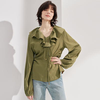 纳纹2025秋款纯色花边领宽松百搭喇叭袖衬衣通勤上衣长袖衬衫女