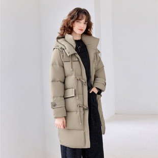 【90鸭绒】25冬款连帽盘扣中长款外套上衣休闲时尚羽绒服女