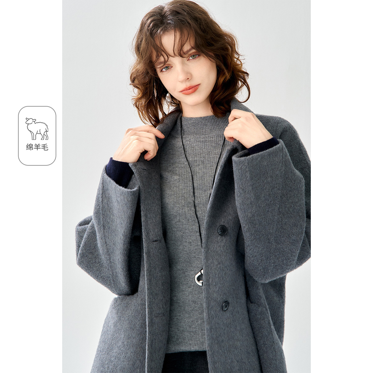 2025冬款翻领中长款毛呢外套气质高级感羊毛双面呢大衣女