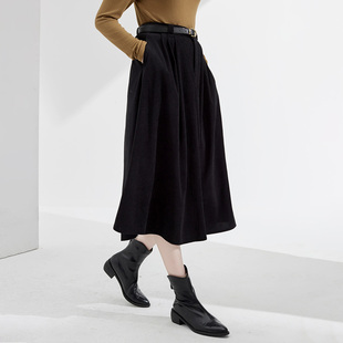 早春腰带纯色简约伞裙优雅气质风中长款半截裙女
