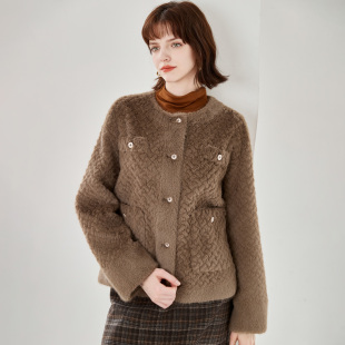 秋冬款 小香风外套纯色纹理感仿水貂毛休闲外套女