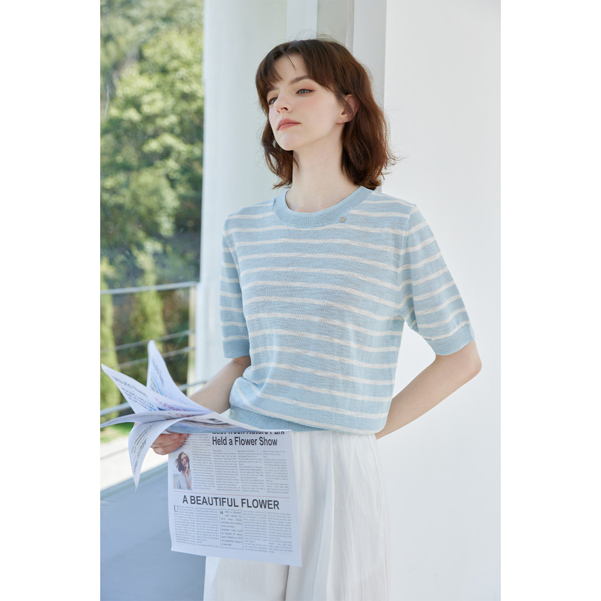 2025夏款撞色圆领拼接条纹针织短袖薄款透气休闲百搭T恤女