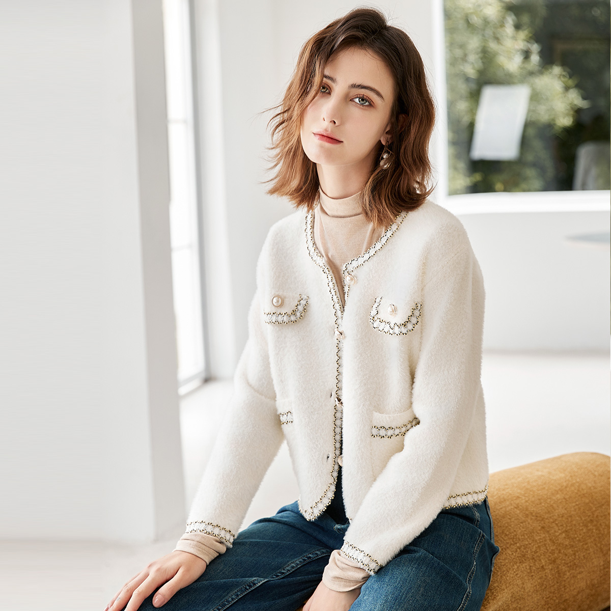 小香风针织衫短款仿貂毛厚外套