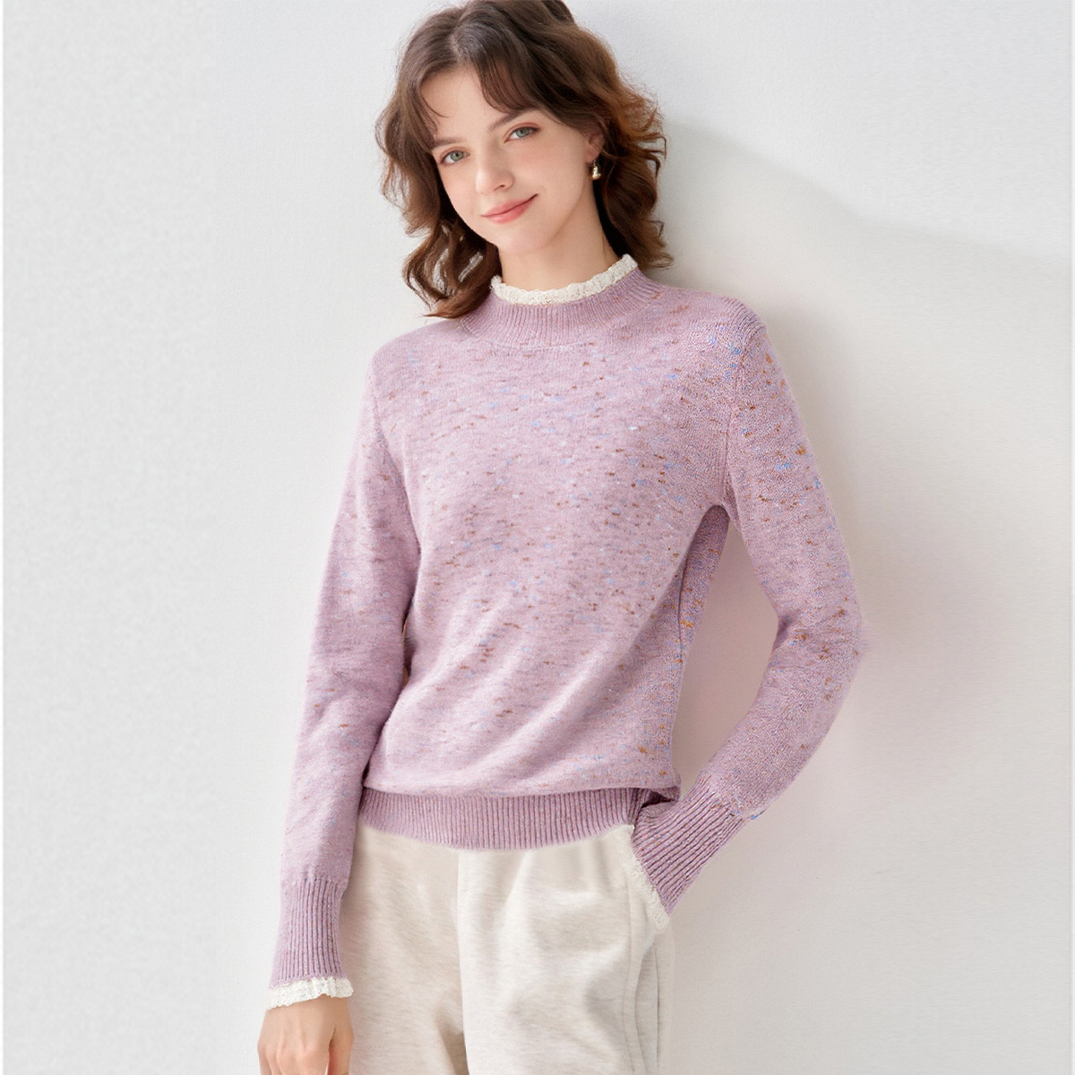 2026春款圣诞蕾丝边半高领休闲针织上衣时尚通勤百搭针织衫女