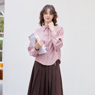 百搭衬衫 纳纹25秋季 上衣时尚 纯色高级感翻领通勤休闲开衫 女 秋款