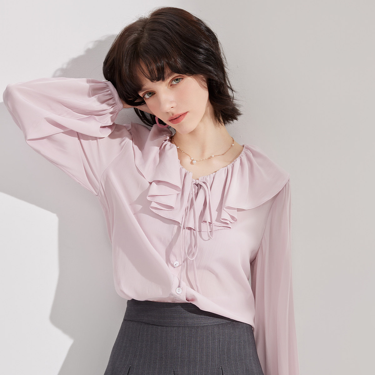 2026春款女式衬衫荷叶领衬衣系带上衣雪纺衫薄款长袖衬衫女