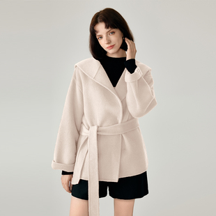纳纹2025秋款翻领系带双面呢外套气质新年氛围感羊毛大衣女