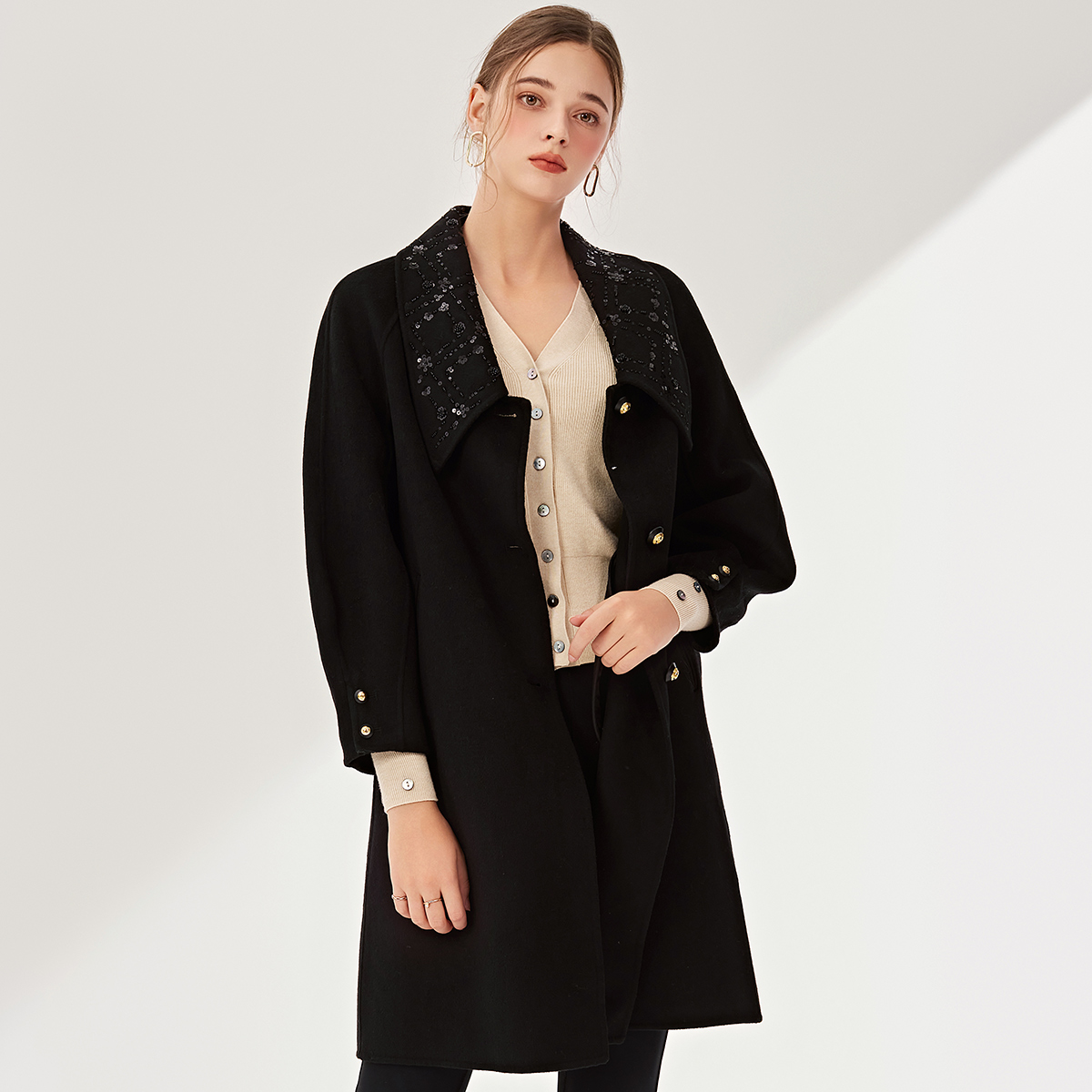 2025秋冬季新秋冬款羊毛大衣亮片设计宽松外套双面呢子大衣