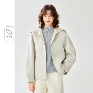 2025冬款拼接连帽短款毛呢外套洋气羊毛休闲双面呢大衣女