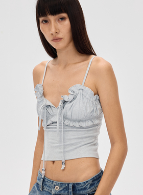 F1protagonist 灰蓝色串珠系带木耳边弹力针织吊带时髦背心夏季女