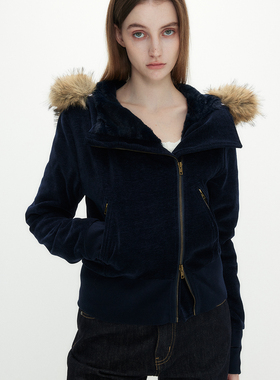 F1protagonist 雪尼尔绒面可拆卸大毛领连帽毛绒内胆毛毛短外套女