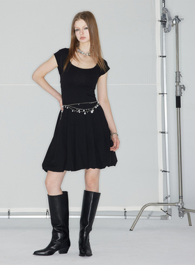 F1protagonist 暗夜协奏曲 短袖拼接花苞连衣裙修身个性时髦日常